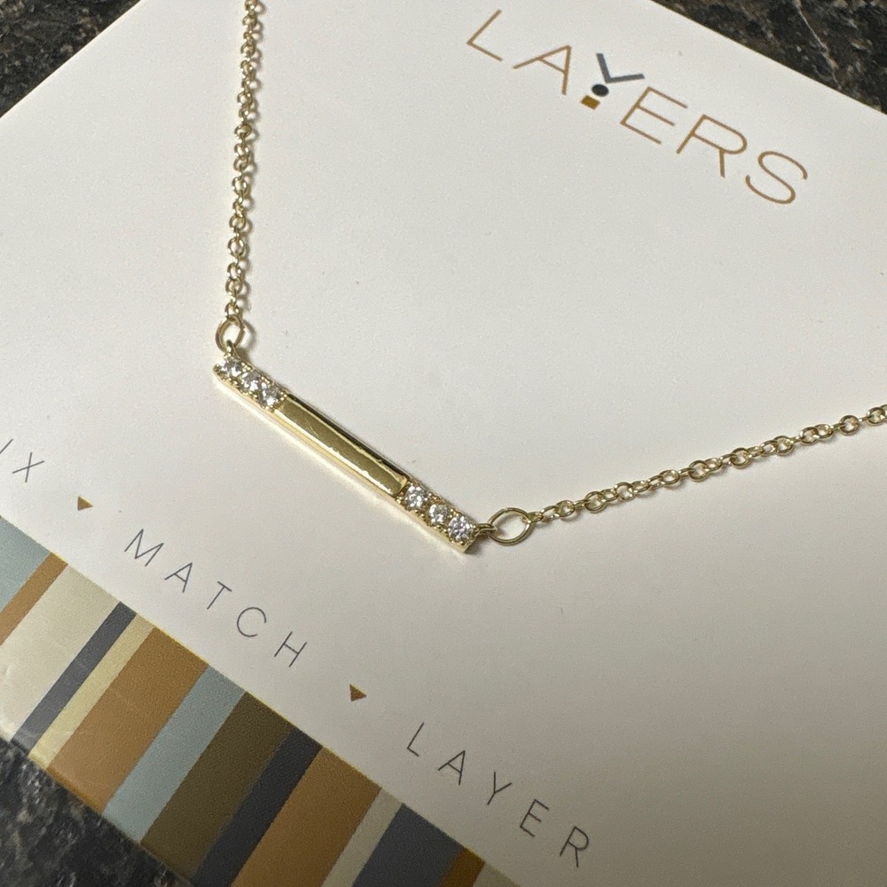 Layers Gold Tone Horizontal Bar Necklace Crystal Accents Adjustable 13-34 Inch